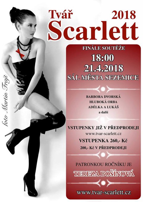 Flyer k akci Tvář Scarlett - finálový večer (so 21. 4. 2018 18:00) Sezemice - sál města Sezemice, Sezemice (CZ)