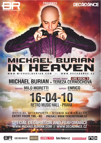 Flyer k akci Michael Burian In Heaven (pá 16. 4. 2010 22:00) Retro Music Hall, Praha 2 (CZ)