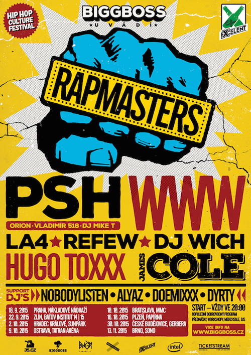 Flyer k akci RAPMASTERS TOUR 2015: HipHop Culture Festival (út 22. 9. 2015 20:00) Baťův institut, 14. a 15. budova, Zlín (CZ)